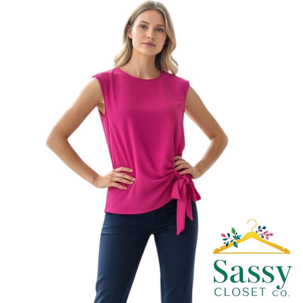 Vince Camuto Fuchsia Pink Blouse PXS Tie Front Side Ruched Stretch Knit Top